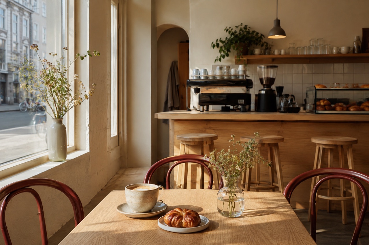 KI-laga illustrasjon av ein lun kafé med raude stolar, eikebord og sollys frå gata