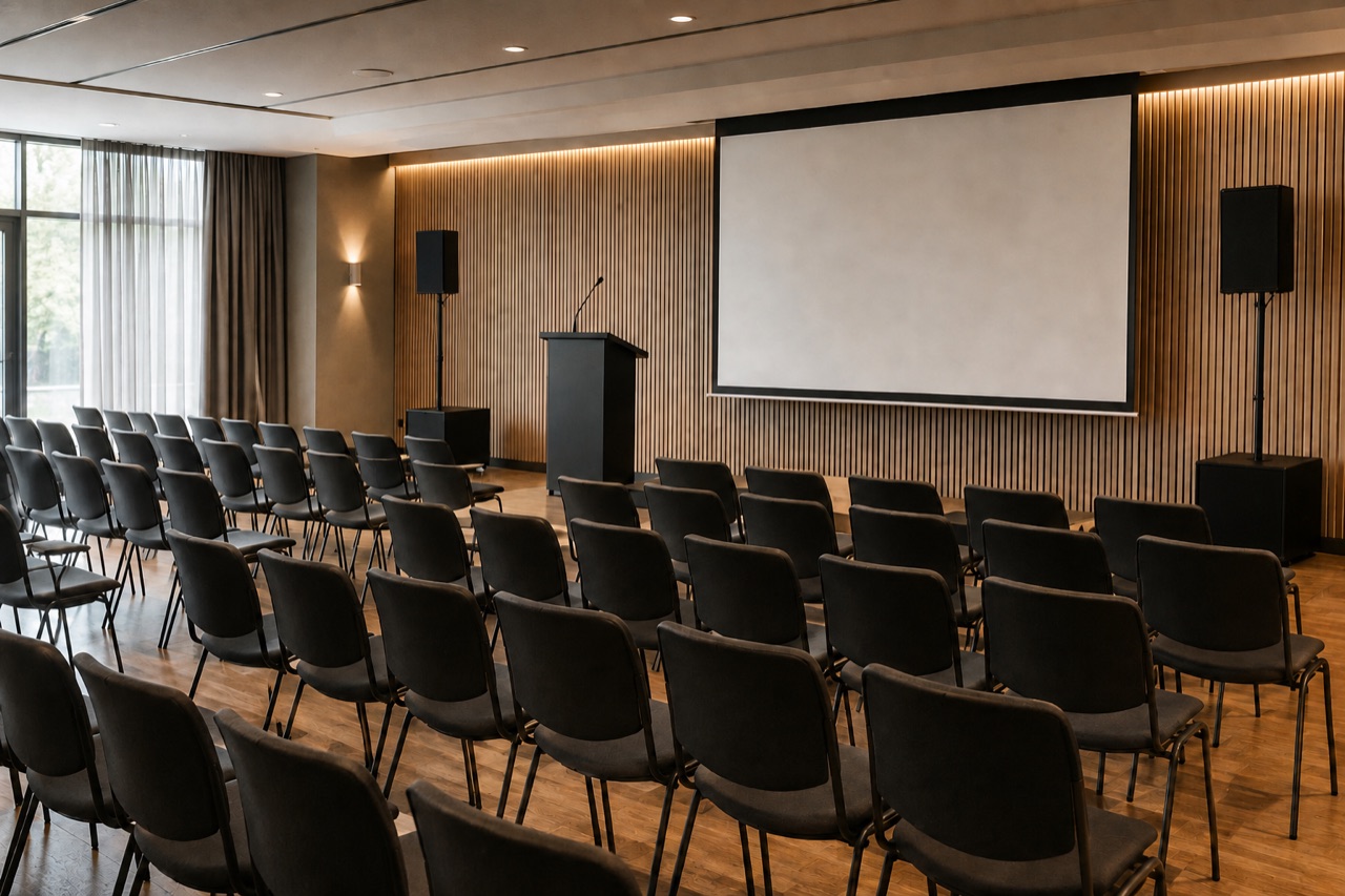 KI-laga illustrasjon av ein konferansesal med talarstol, mikrofon og lydanlegg